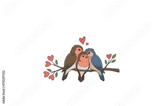 Bird Family on Branch with Heart Leaves Illustration.