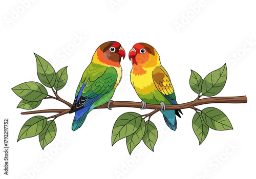 Two Colorful Lovebirds Perched on a Branch with Green Leaves.