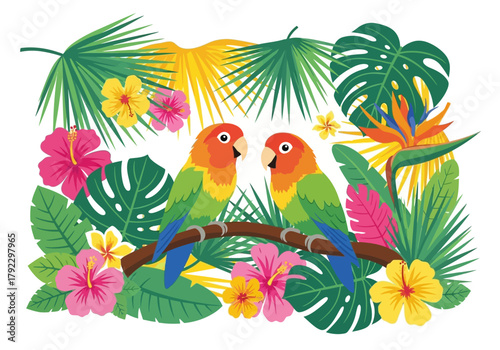 Two Colorful Lovebirds Perched on a Branch Amidst Tropical Foliage and Hibiscus Flowers.