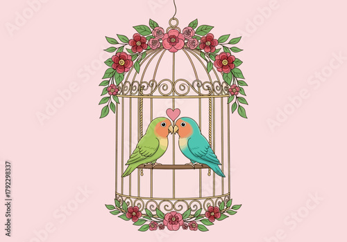 Two Lovebirds in a Floral Birdcage with a Pink Heart.