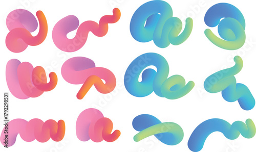 Twelve abstract 3D fluid shapes with pink orange blue green gradients vector