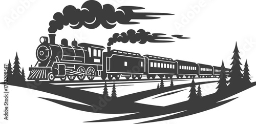 Train silhouette traveling across a vast landscape