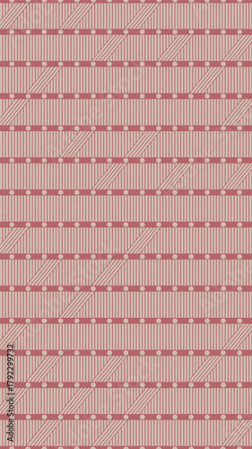A repetitive pattern of vertical lines, horizontal bars, and diagonal stripes in pink and beige hues