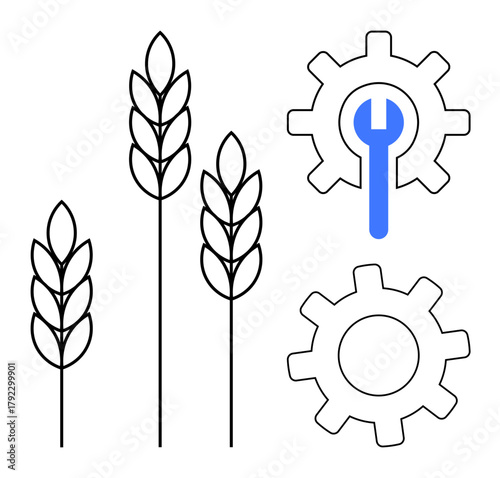 Wheat stalks next to gears and wrench symbolize farming and technology synergy. Ideal for agriculture, innovation, farming tools, sustainability, STEM, productivity, simple flat metaphor