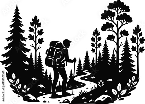 Hiker silhouette walking on a forest trail with a backpack.