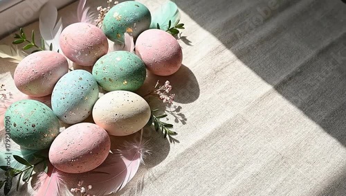 Decorated Pastel Eggs Arranged with Feathers and Sprigs on Linen Background Still Life