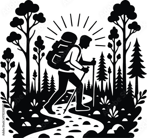 Hiker silhouette walking on a forest trail with a backpack.