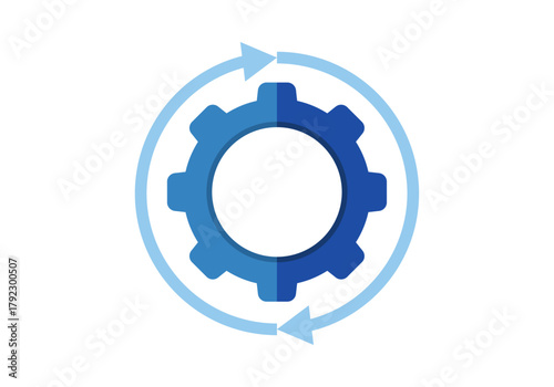 Icono de un engranaje azul con flechas circulares, representando un proceso o actualización cíclica