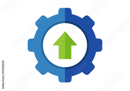Icono de un engranaje azul con una flecha verde apuntando hacia arriba