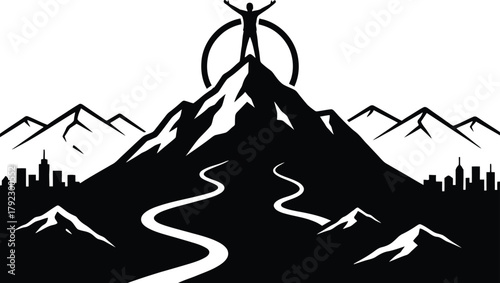Silhouette person standing on mountain peak with arms outstretched
