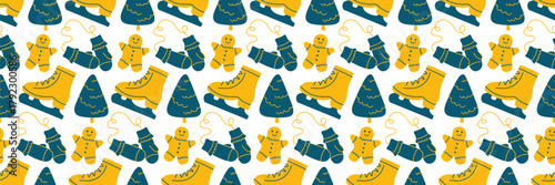 Seamless Winter Holiday Pattern with Christmas trees, gingerbread, mittens, and skates