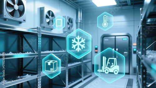 A blue lit cold storage with shelves and holographic cooling icons symbolizing modern cold chain logistics solutions precision