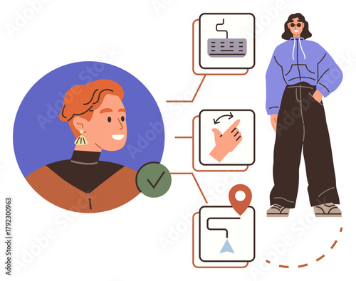 Person in casual attire alongside avatars, directional guides, keyboard, interactions, and location markers. Ideal for navigation, digital communication, user usability, social connection app