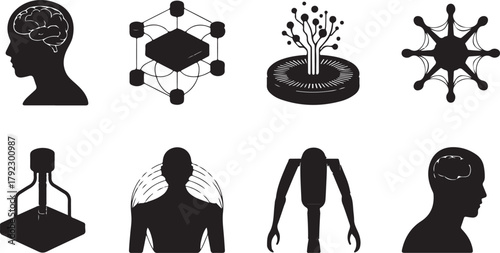 Vector set of black Technology silhouettes of women with long hair, a fashion and business pictogram design illustration