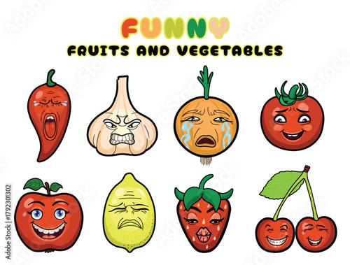 Funny fruits and vegetables with emotions. Fruits and vegetables with faces. Set of mascots with outline. Cartoon flat style.