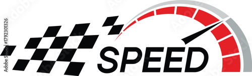 Speedometer and checkered flag graphic with motion lines racing