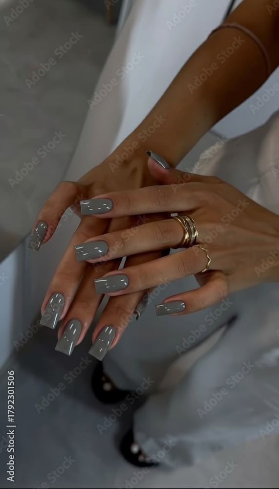 Fototapeta premium A stylish close-up of a woman's hands showcasing long square-shaped nails painted with a glossy trendy grey gel polish. The image suggests fashion beauty and professional manicure services.