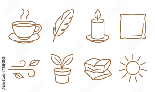 Cozy icons: coffee, candle, book, sun, pillow, feather, plant, wind