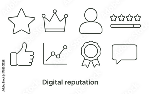 Digital reputation icons: star, crown, profile, rating, like, chart, badge, speech bubble