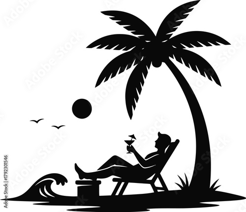 Silhouette relaxing on a beach under a palm tree