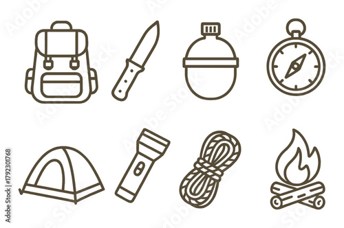Camping gear icons: backpack, knife, compass, tent, flashlight, rope, canteen, campfire