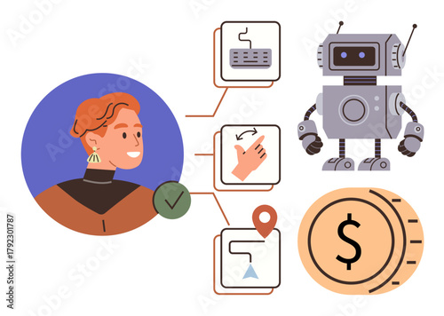 Person connecting with robotic automation via mapped task icons, money sign symbolizing optimized efficiency. Ideal for technology, robotics, finance, AI, productivity, innovation, user interaction