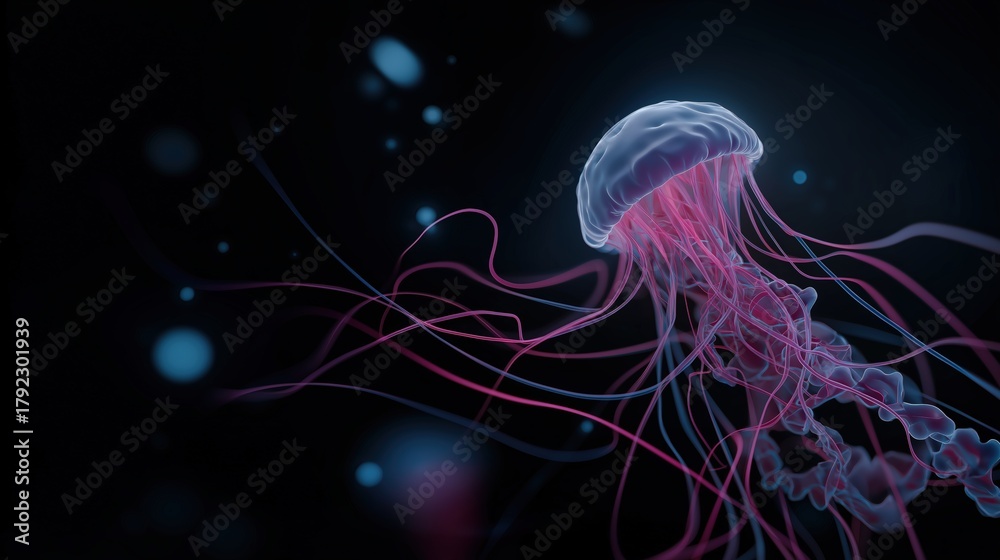 Obraz premium Stunning underwater image of a glowing jellyfish showcasing bioluminescence, delicate tentacles, vibrant colors, and the ethereal beauty of marine life in deep sea environments