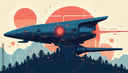 Vector illustration of a retro rocket flying through the sky with clouds