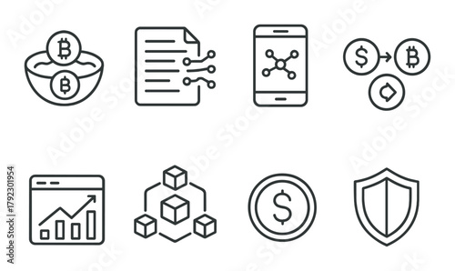 Digital finance icons set featuring blockchain and cryptocurrency symbols