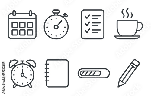 Transparent icons of calendar, stopwatch, checklist, coffee, alarm, notebook, progress bar, pencil on striped background
