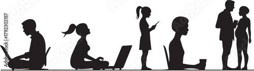 A vector illustration of black silhouettes including people, fashion models shopping with bags, business figures, and sets of knives and cutlery