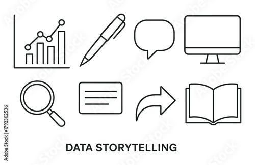 Data storytelling essentials: charts, pen, speech bubble, monitor, magnifying glass, note card, arrow, open book