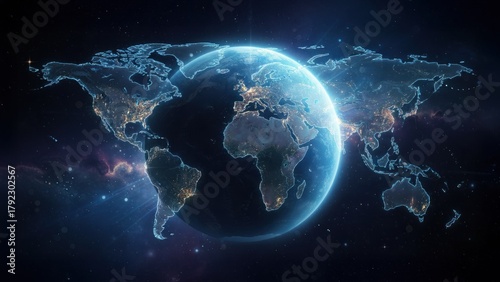 A glowing earth from space representing a global communication and technology in cold chain logistics solutions