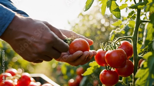 Hands Harvesting Fresh Ripe Tomatoes on a Branch, Close Up