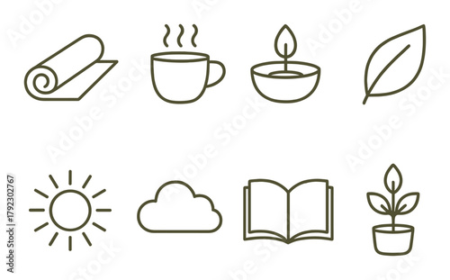 Zen icons: minimalist wellness symbols with yoga, tea, nature, and meditation