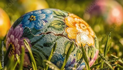 Painted Egg Resting in Green Grass Close Up