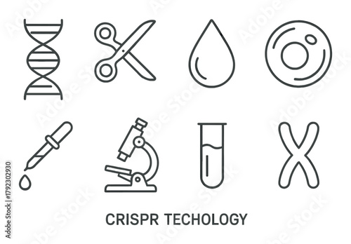 Crispr technology icons: dna, microscope, test tube, chromosome symbols