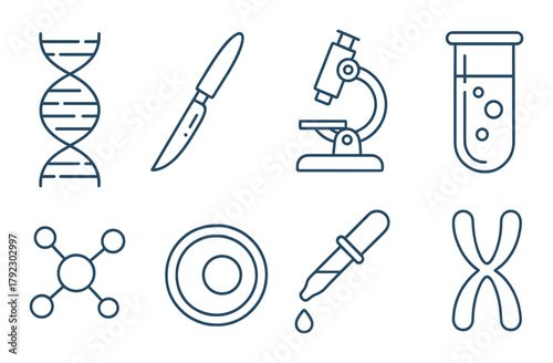 Science icons: dna, scalpel, microscope, test tube, molecule, petri dish, pipette, chromosome