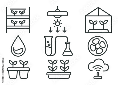 Hydroponics and smart farming icons: modern agriculture technology concepts
