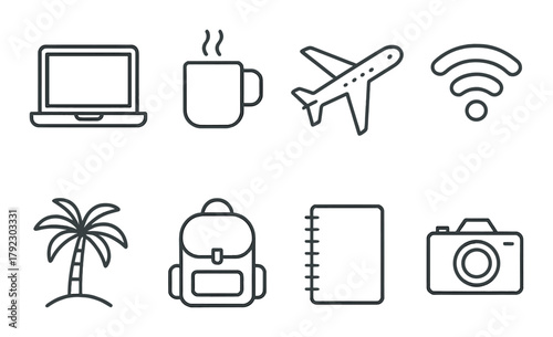 Travel and work icons: laptop, coffee, plane, wifi, palm, backpack, notebook, camera