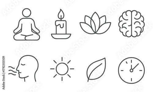 Minimalist wellness icons: meditation, candle, lotus, brain, breathing, sun, leaf, clock