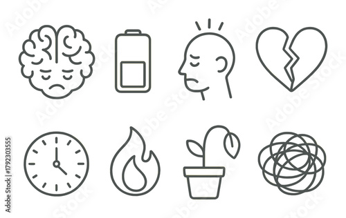 Icons representing mental health and emotional states in monochrome style