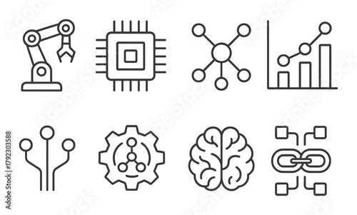 Futuristic technology icons: robotics, ai, networks, blockchain, data analysis