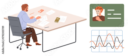 Male professional sitting at desk reading documents surrounded by books, chart with fluctuating lines, and an ID card display. Ideal for business, research, education, analysis, communication