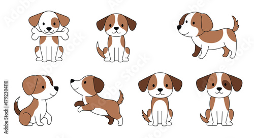 Adorable collection of cute cartoon puppies in various playful poses and expressions.