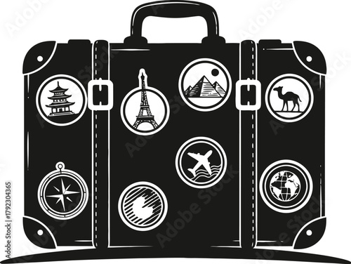Suitcase silhouette with travel stickers, ready for journey