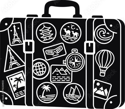 Suitcase silhouette with travel stickers, ready for journey