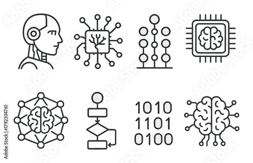 Ai technology icons: circuit, brain, neural networks, chip, binary code