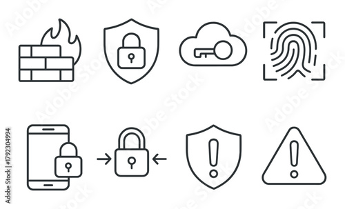 Cybersecurity icons: lock, key, fingerprint, firewall, cloud, alert symbols