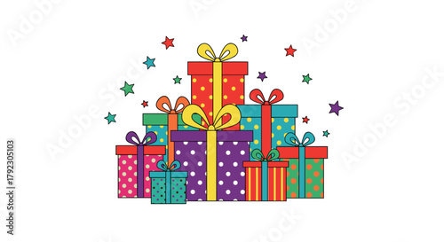 A vibrant collection of wrapped gift boxes adorned with festive ribbons and scattered confetti for a celebratory occasion.